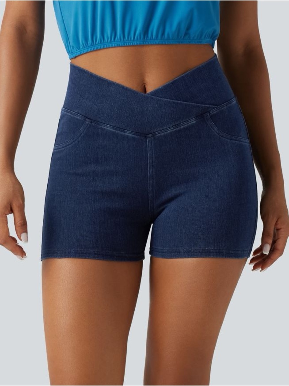 Halara NWT Flex High Waisted Crossover Pocket Denim Shorts 3" Blue Size Medium